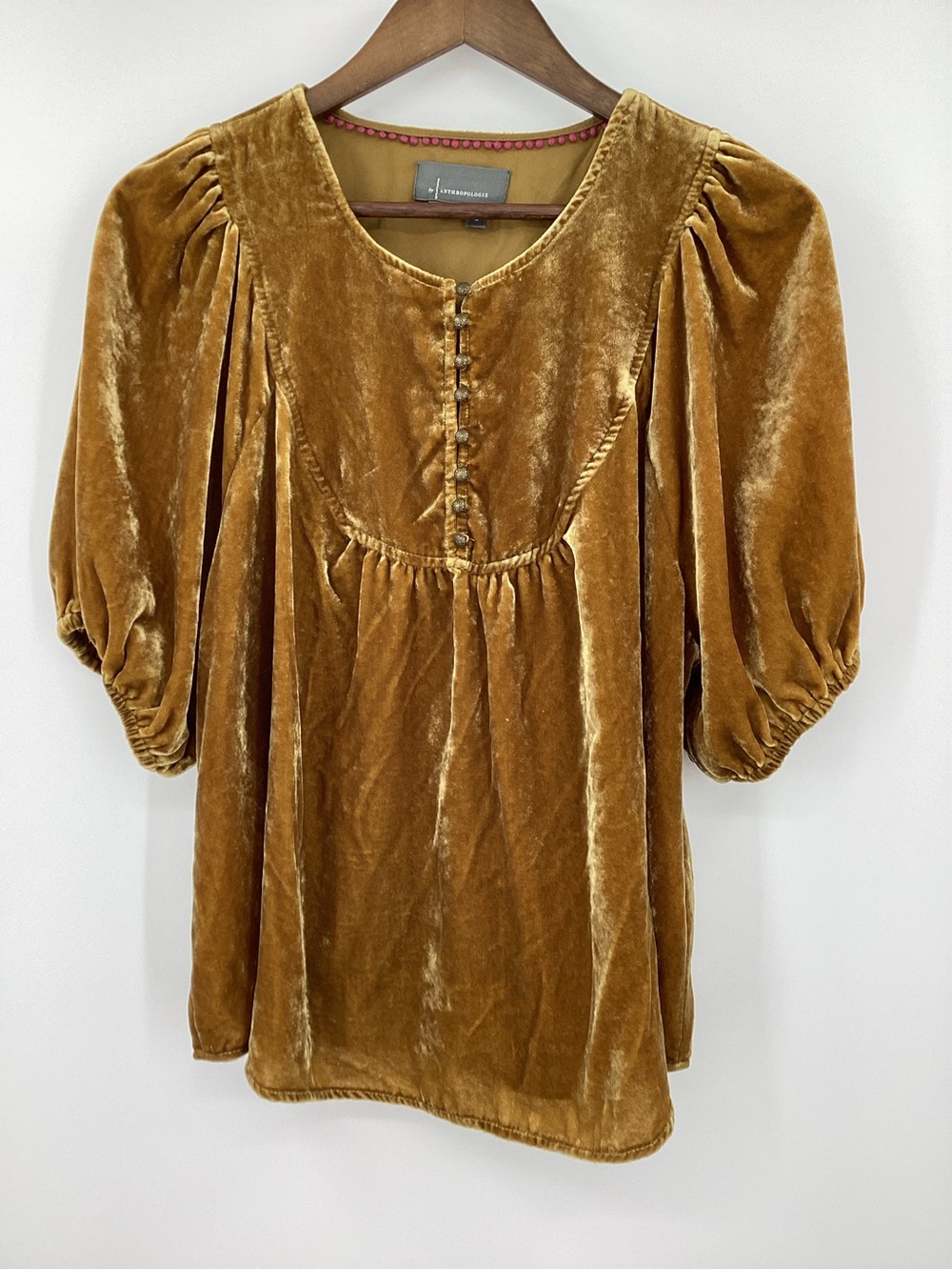 Anthropologie Golden Velvet Henley Puff-Sleeve Blouse
